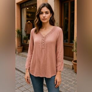 Blush Embroidered Boho Tunic Top – Crinkle Gauze Fabric – Feminine Peasant Style